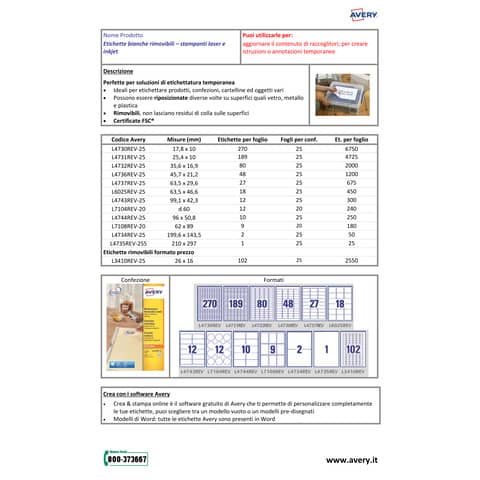 Etichette bianche rimovibili AVERY 210x297 mm - 1 et/foglio - stampanti laser/inkjet Conf. 25 fogli L4735REV-25